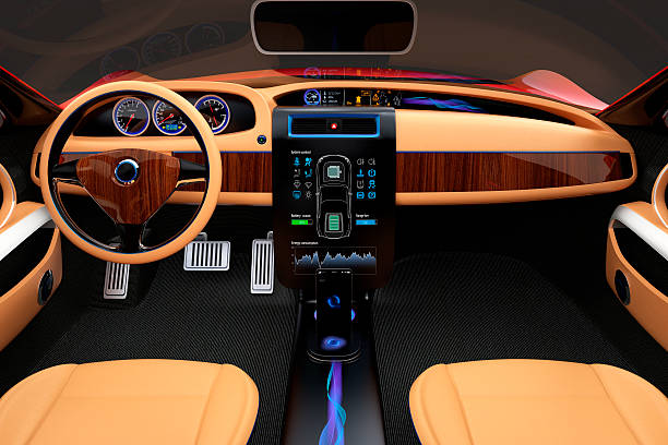 istock Stylish electric car interior with luxury wood pattern decoration. 491101692