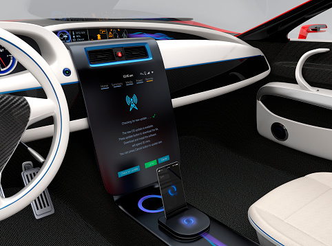 Update vehicle software just touch car's center console screen. Concept for new software solution for automobile. Original design. 3DCG rendering image.