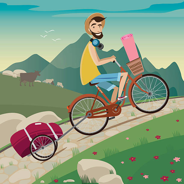rucksacktourist in der cycling-tour in die berge - lastenrad stock-grafiken, -clipart, -cartoons und -symbole