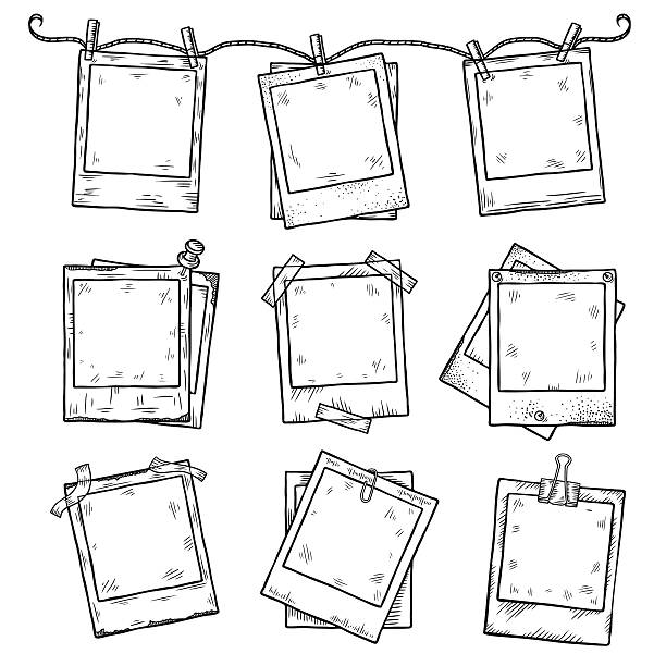 Hand drawn vintage photo frame doodle set Hand drawn vintage photo frame doodle set. All main elements are separate. polaroid camera sketch stock illustrations