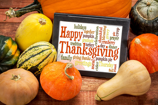 Happy Thanksgiving word cloud on a digital tablet surrounded by pumpkin and winter squash