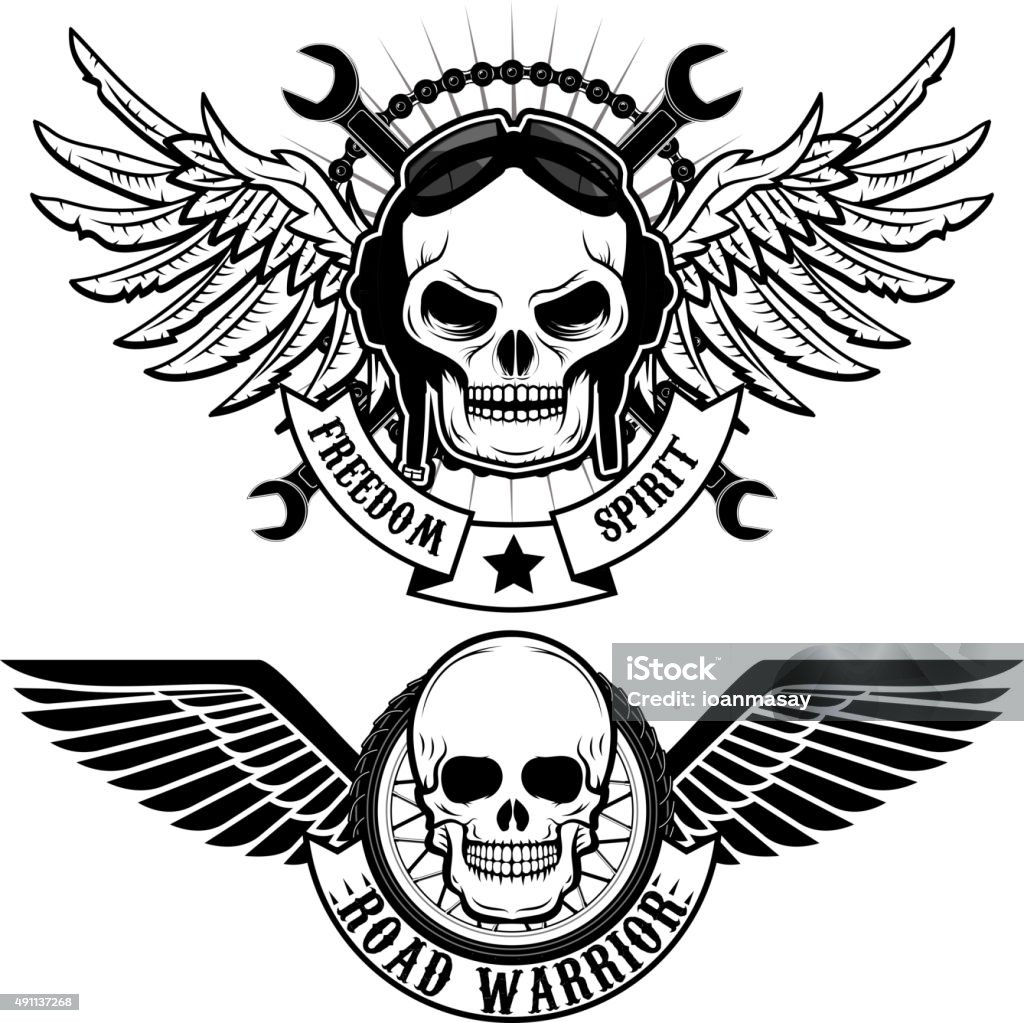 biker logos biker theme labels. skulls with wings. Backgrounds stock vector