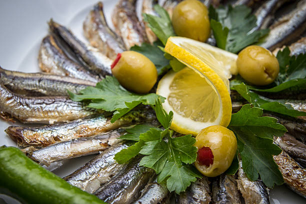 Fried anchovy in the plate.