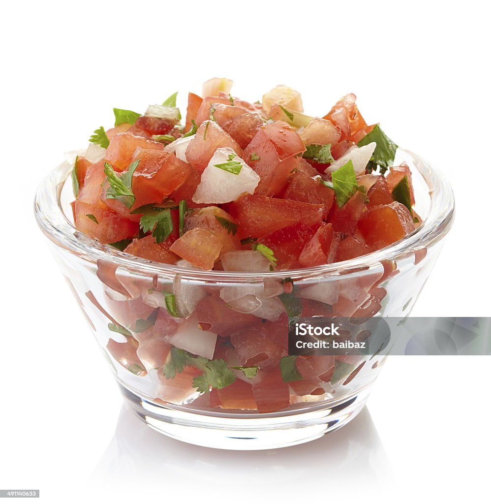 Salsa dip Bowl of fresh salsa dip isolated on white background Appetizer Stock Photo