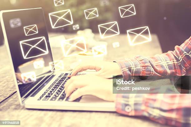 Email Concept With Girls Hands Stock Photo - Download Image Now - 2015, Business, Business Finance and Industry