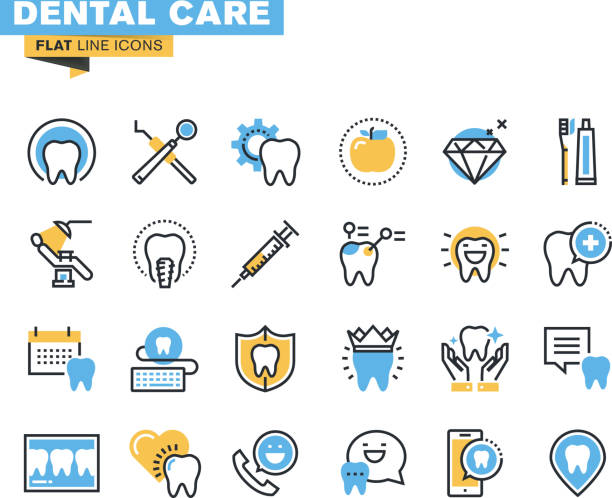 ilustraciones, imágenes clip art, dibujos animados e iconos de stock de conjunto de iconos de línea plana de atención odontológica tema - dentist