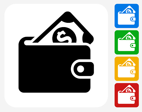 Money Wallet Icon. This 100% royalty free vector illustration features the main icon pictured in black inside a white square. The alternative color options in blue, green, yellow and red are on the right of the icon and are arranged in a vertical column.