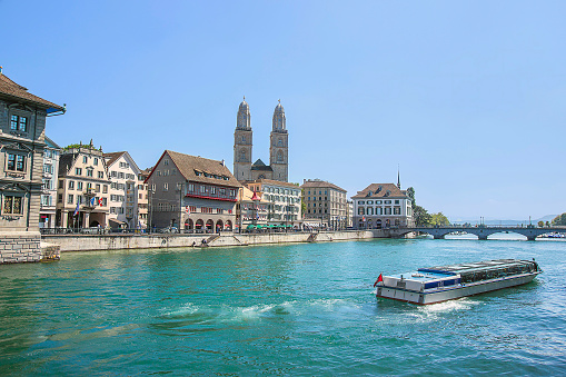 Zurich city center, Grossmunster and Limmat quay in summer, Switzerland