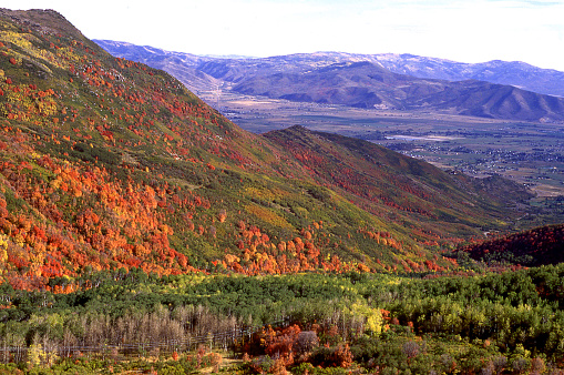 View over Cache Valley from Wellsville Mountains in autumn near Logan Utah