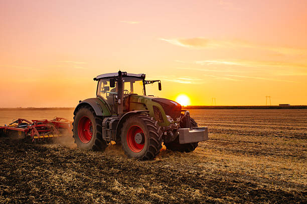 Tractor on the field Tractor on the barley field by sunset. agricultural machinery photos stock pictures, royalty-free photos & images