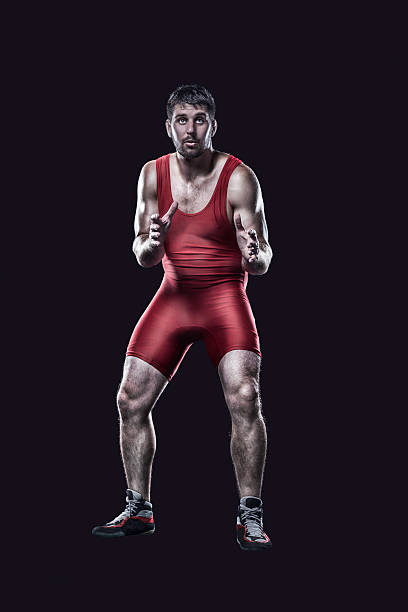 istock Freestyle wrestler in red uniform in stance 491153410