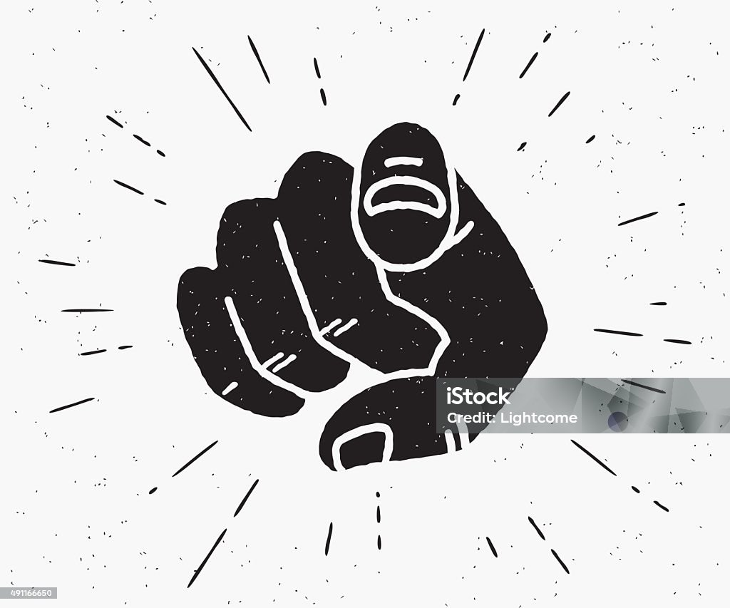 Retro black hand pointing finger Retro human hand with the finger pointing or gesturing towards you. Vintage hipster illustration isolated on white background Pointing stock vector