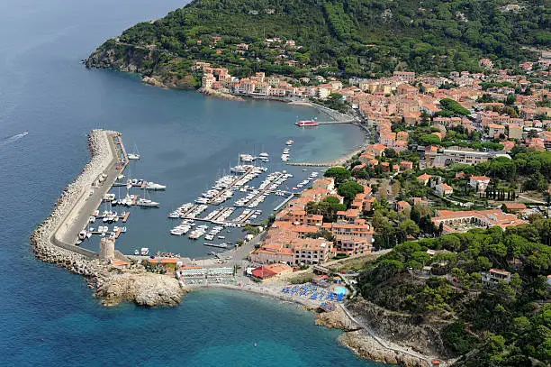 Aerial view of Marciana Marina harbor in Elba island, Tuscany Italy