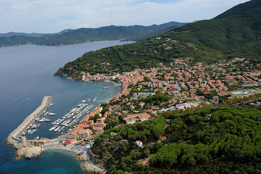 Aerial view of Marciana Marina harbor in Elba island, Tuscany Italy