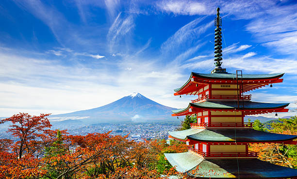 Mt. Fuji with Chureito Pagoda, Fujiyoshida, Japan stock photo