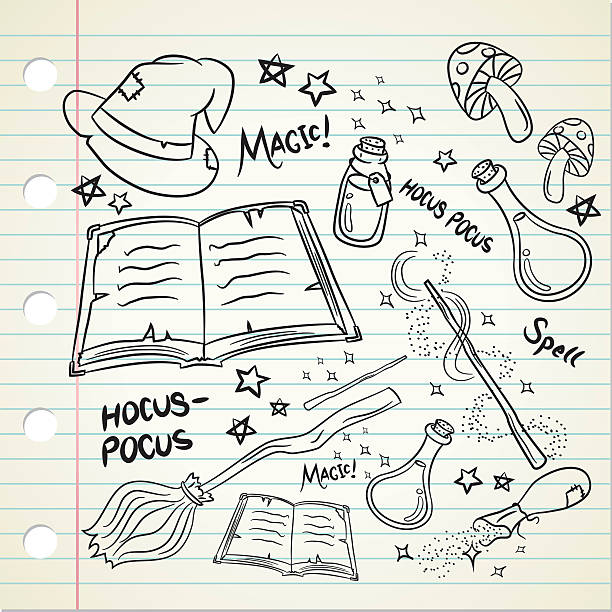 ilustraciones, imágenes clip art, dibujos animados e iconos de stock de magic cosas en estilo doodle - wizard magic broom stick
