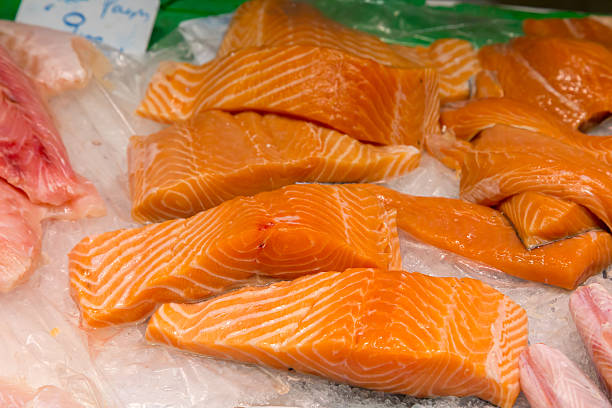 istock Fresh red fish on ice. Salmon 491185092