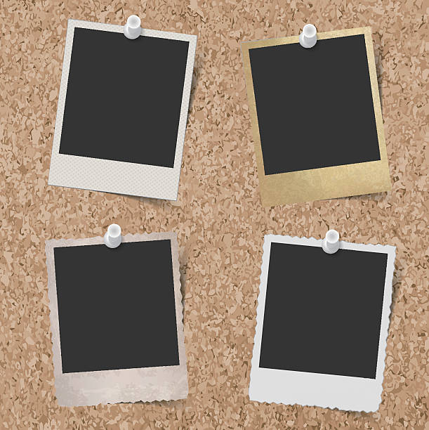 Blank instant photo frames pinned to cork board background Vector EPS 10 format. bulletin board photos stock illustrations