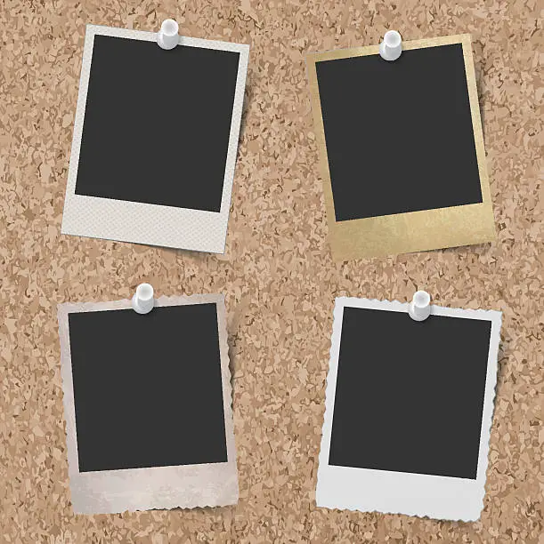 Vector illustration of Blank instant photo frames pinned to cork board background