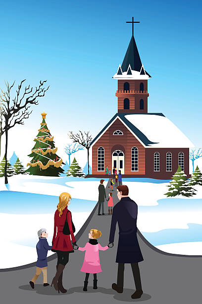 People Going to  Church A vector illustration of people going to church to celebrate Christmas church clipart stock illustrations