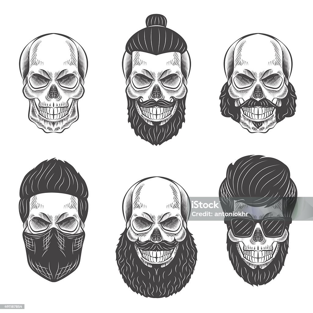 Dotwork skulls Skulls with Hipster hair and beards, fashion vector illustration set. Goatee stock vector