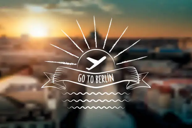 Vector illustration of line art  air travel icon on blurred berlin sundown background