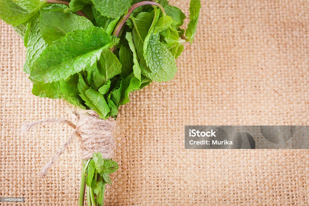 Bunch of mint on a  burlap background Fresh mint bunch on a  burlap background 2015 Stock Photo