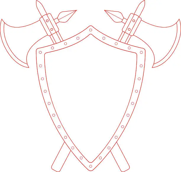 Vector illustration of Two crossed axes and steel shield emblem. Contour