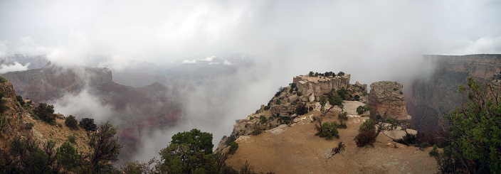 Grand Canyon South Rim in a rainy day, fog in the canyon, Desert view Drive, Arizona