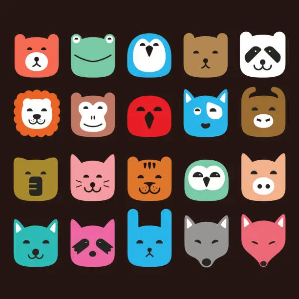 Vector illustration of cute animal face flat icon set, vector illustration