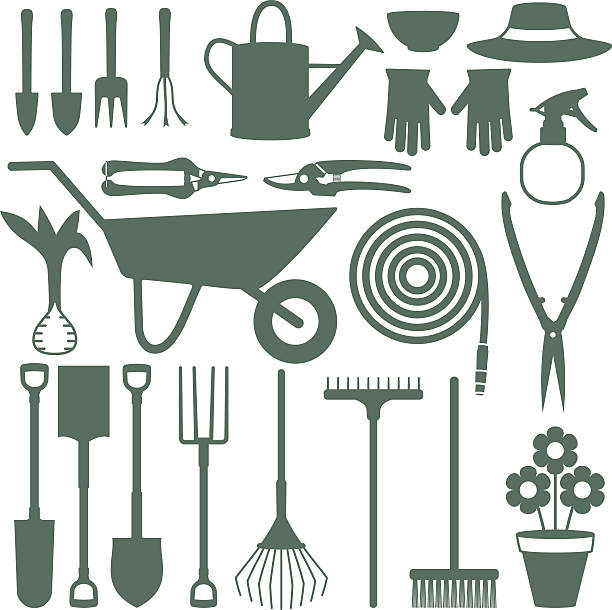 ilustrações, clipart, desenhos animados e ícones de jardinagem relacionados vetor ícones 1 - watering can shovel rake silhouette