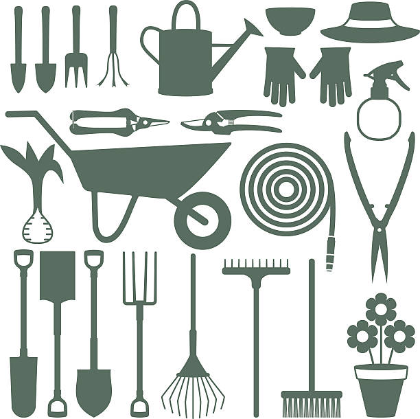 Gardening related vector icons 1 Various gardening related icons vector silhouette set. trowel gardening shovel gardening equipment stock illustrations