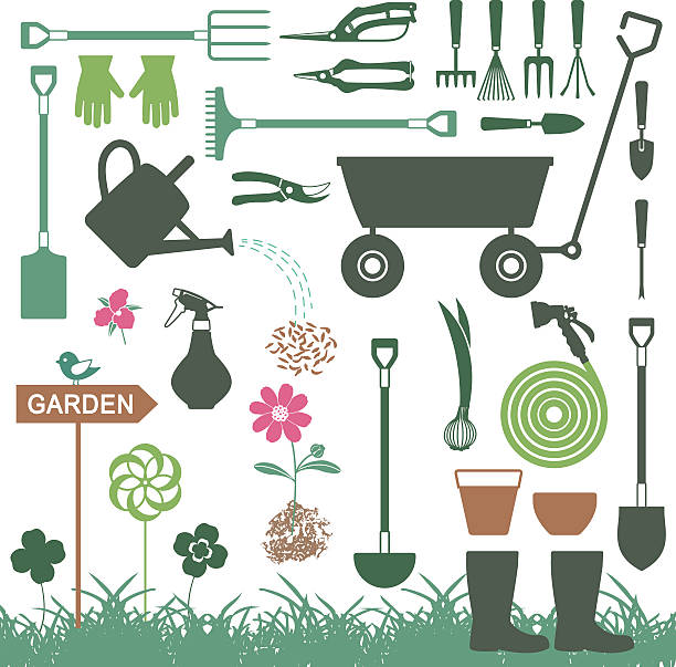 ilustrações, clipart, desenhos animados e ícones de jardinagem relacionados vetor ícones de 3 - watering can shovel rake silhouette