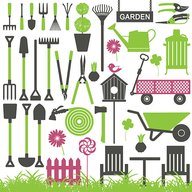 Gardening related vector icons 7 Various gardening related icons vector silhouette set. trowel gardening shovel gardening equipment stock illustrations