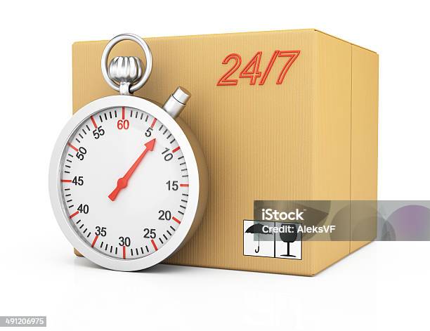 Foto de Caixa De Papelão E Cronômetro e mais fotos de stock de Relógio - Relógio, Velocidade, Branco