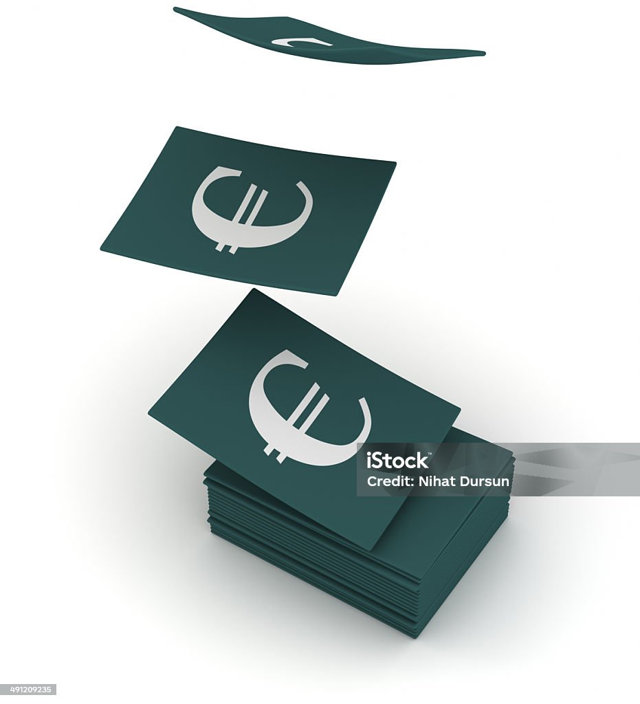 Stacked papers with the Euro symbol Stacked white papers with the Euro currency symbol rising into the air and floating away, conceptual 3d illustration over white. Abstract Stock Photo