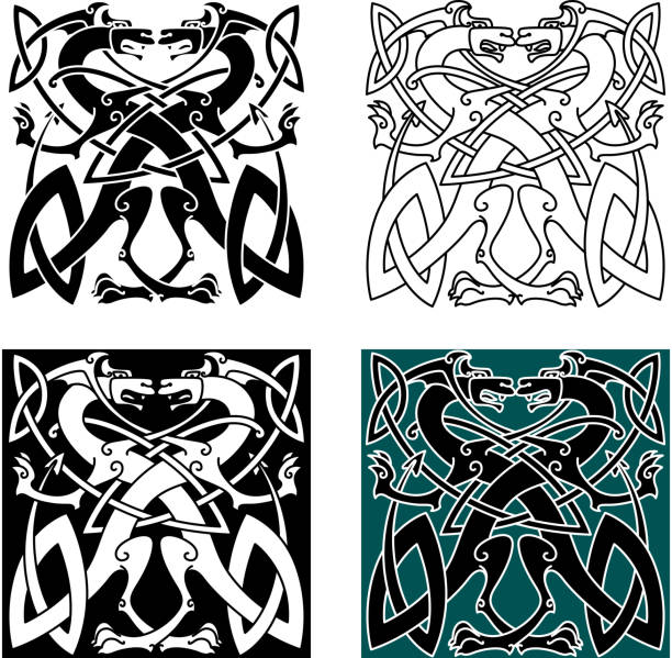 Dragons celtic knot vintage pattern Fighting dragons in celtic style with wings and tails knotted into vintage ornamental pattern for tattoo or coat of arms design celtic dragon tattoo stock illustrations