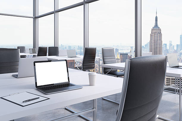 istock Workplaces in a modern corner panoramic office in Manhattan 491219492