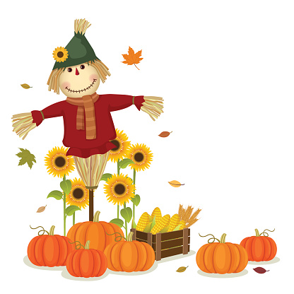 Autumn harvesting with cute scarecrow and pumpkins
