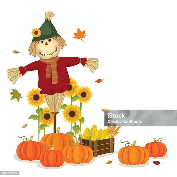 Autumn Harvesting With Cute Scarecrow And Pumpkins Stock Illustration - Download Image Now - Autumn, Scarecrow - Agricultural Equipment, Harvesting