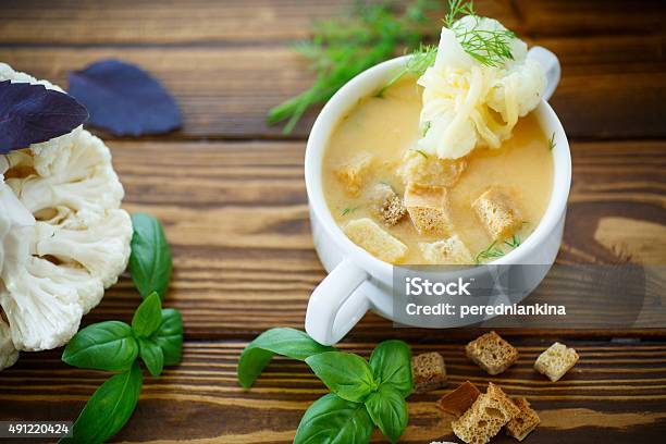 Soup Pureed Cauliflower Stock Photo - Download Image Now - 2015, Appetizer, Basil