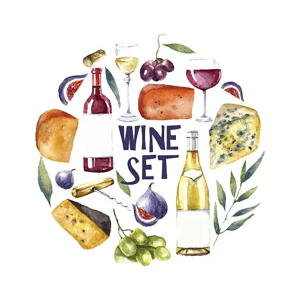 Vector illustration of Watercolor wine set. Round card background.
