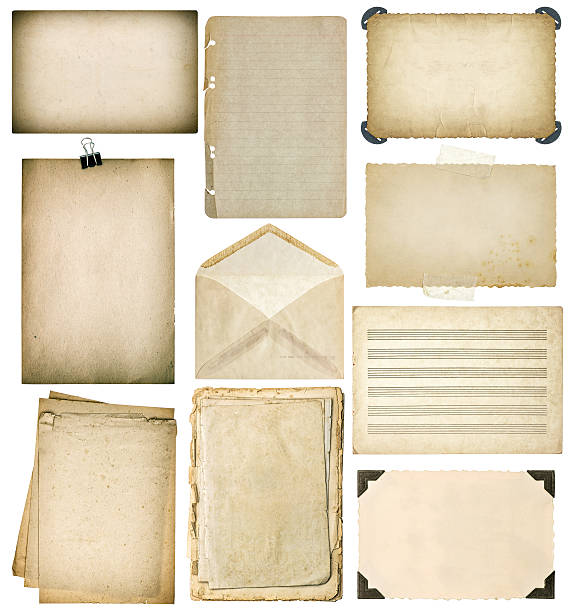 istock Used paper sheets set. Vintage book pages, photo frames, envelope. 491224212