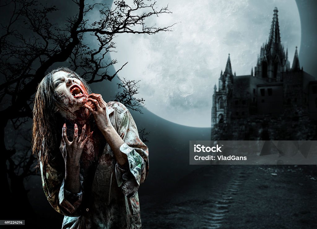 Zombie in Old Cemetery Zombie girl in Old Cemetery Vampire Stock Photo