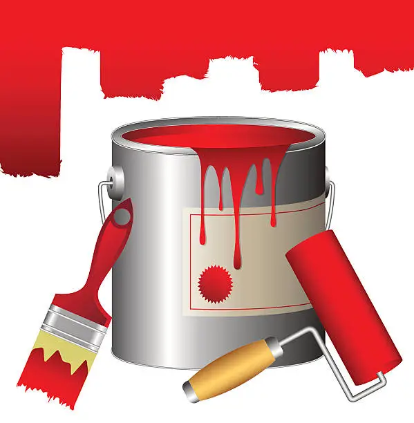 Vector illustration of can of red paint with a brush and the roller