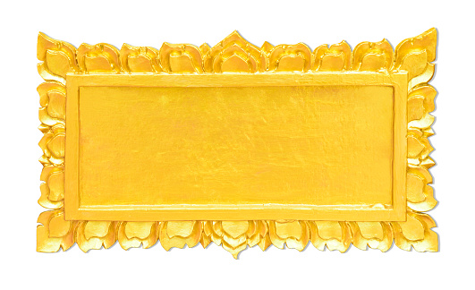 Golden Thai sculpture frame in Thai temple isolated on white with working path