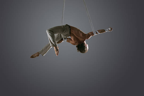 istock Man performing aerial silk straps 491230082