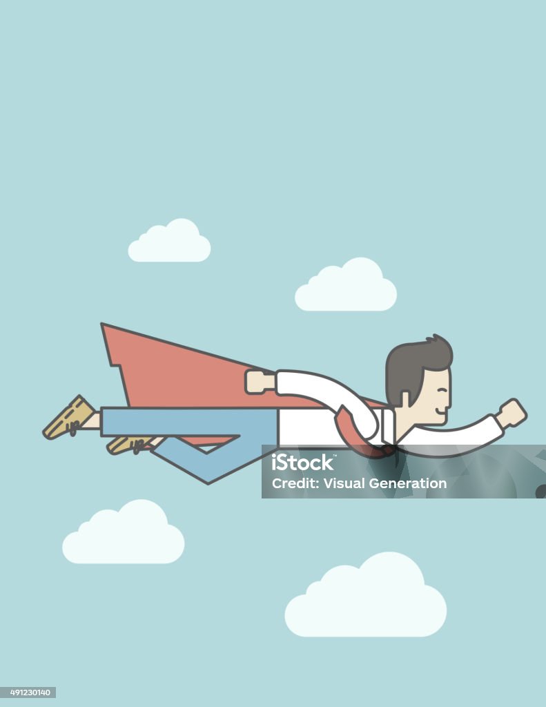Super businessman An asian businessman flying in superhero style. Vector line design illustration. Vertical layout with a text space. 2015 stock vector
