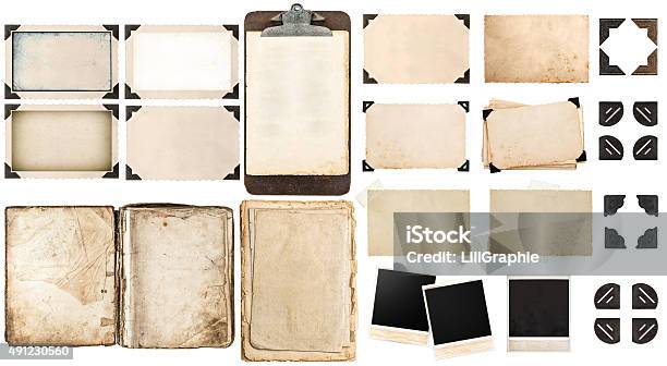Old Paper Sheets Vintage Photo Frames And Corners Open Book Stock Photo - Download Image Now