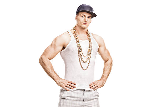 istock Young rapper with a blue cap and a golden chain 491232104